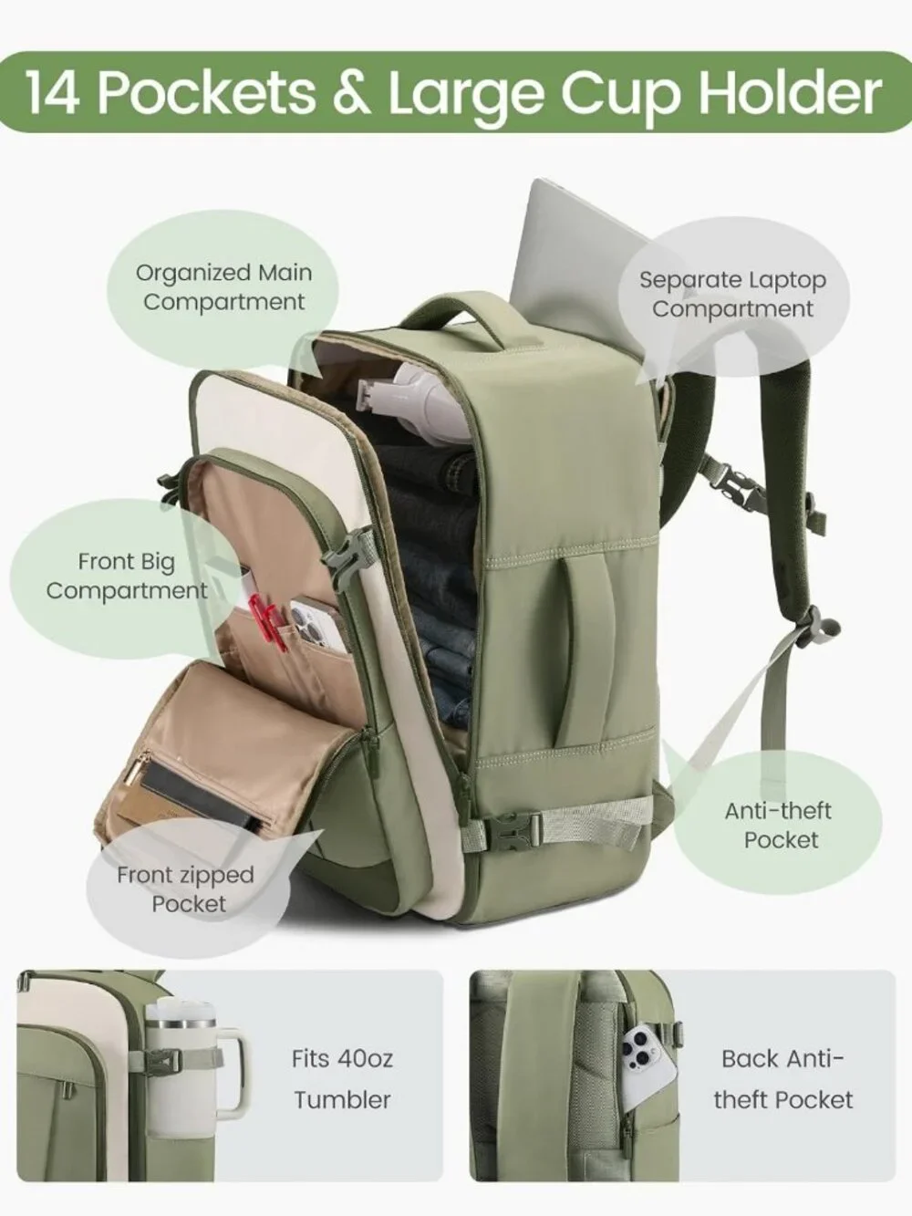 Spacious 40L Travel Backpack, Airline Approved Carry-On, Fits 17.3